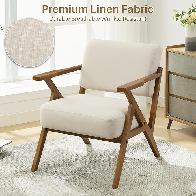 Mid Century Modern Accent Chair Set of 2 Linen Upholstered Boho Armchairs for Living Room Wood Frame Leisure Chair for Bedroom/Balcony/Hotel/CaféBeige