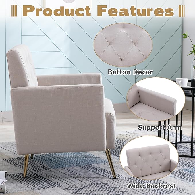 Linen Accent Chair Modern Upholstered Living Room ChairComfy Single Sofa with Button Tufted Back and Golden Metal Legs for Reading Bedroom Waiting Room Beige