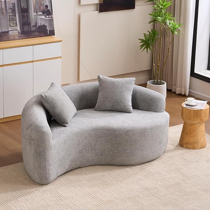 67 Curved Loveseat SofaFull Sponge Compression Sofa Chinese Tai Chi StyleS-Shaped Couch for Small SpacesNo Installation RequirementWood Grain Chenille Fabric （Light Gray67）