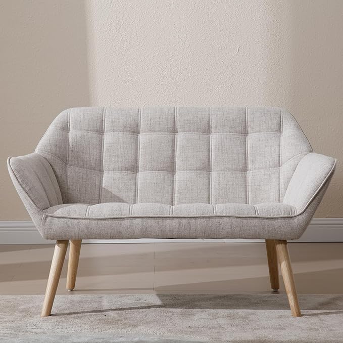 48 Small Loveseat for Small Spaces Upholstered Linen Loveseat Sofa Mid Century Modern Mini Couch with Armrest and Wood Legs for Bedroom Living Room Apartment Beige