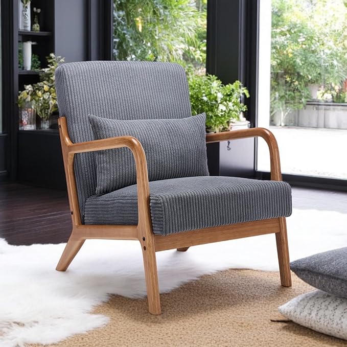 Mid-Century Modern Accent Chair Arm Chair Living Room Chairs with Pillow Upholstered Reading Chair with Solid Wood Frame &amp Corduroy Fabrics for Living Room Bedroom Balcony (Corduroy Dark Grey)