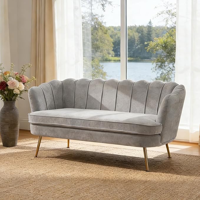 Mlmh &amp Kngwa Chenille Loveseat Sofa 59 2-Seater Couch Settee with Gold Metal Legs Comfy Upholstered Floral Small Sofa for Bedroom Living Room Apartment Light Gray