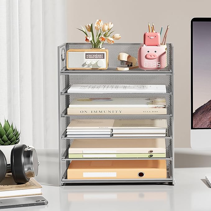 Subekyu 6-Tier Desk Paper Organizer Desktop File Letter Tray with Handle Document Sorter and Accessories Holder for Office Home and School Workspace Organizers Silver - 2 Pack