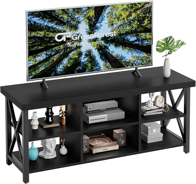 GreenForest TV Stand for TV up to 65 inches Entertainment Center with 6 Storage Cabinet for Living Room 55 inch Farmhouse Television Stands Console Table Industrial TV stands for Living Room Black