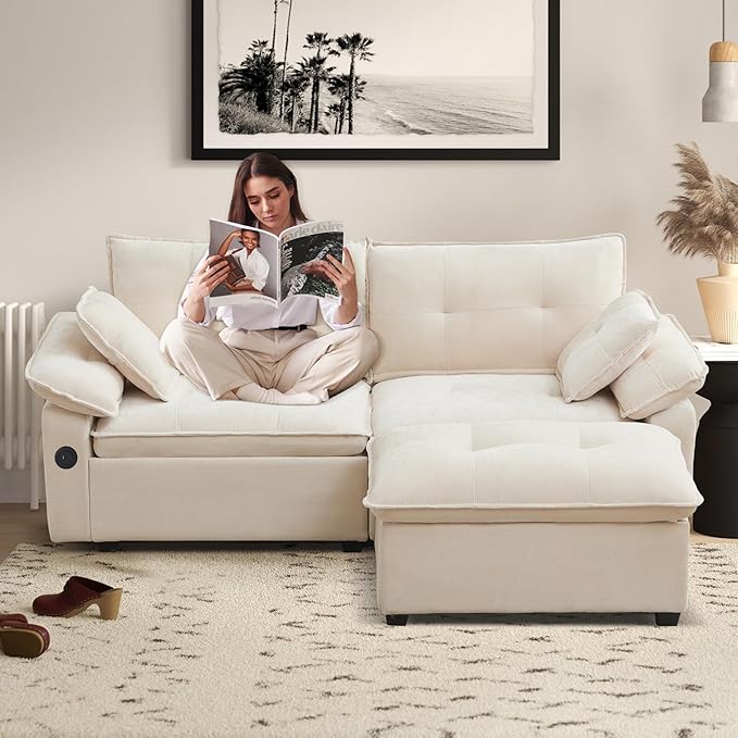 89 L Shaped Sectional Couch Comfy Modular Sectional Cloud Couch with Movable Ottoman 2-Seater Chenille Deep Seat Loveseat with Throw Pillows/USB for Living Room Apartment (Beige)