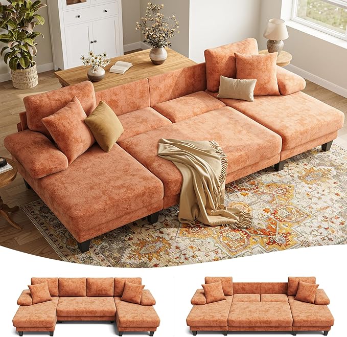 Txtin's Sleeper Sofa with Pull Out Couch Bed | 112 Inch Couches for Living Room | U-Shaped Convertible Sofa Bed | Chenille Orange