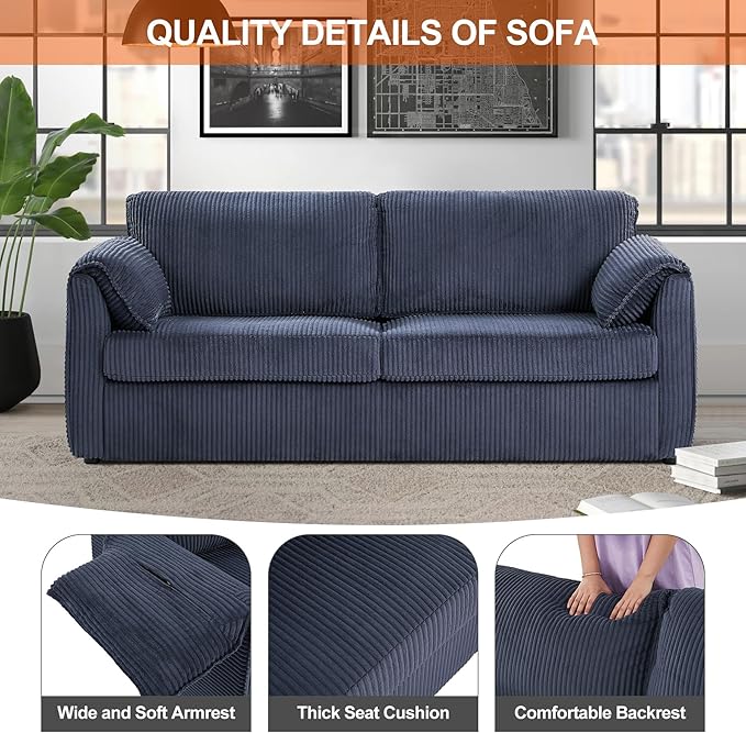 Pull Out Sofa Bed Corduroy Queen Sleeper Sofa Couch with Foam Mattress Large Sleeper Pullout Couch Bed for Living Room Office Queen Size (Blue)