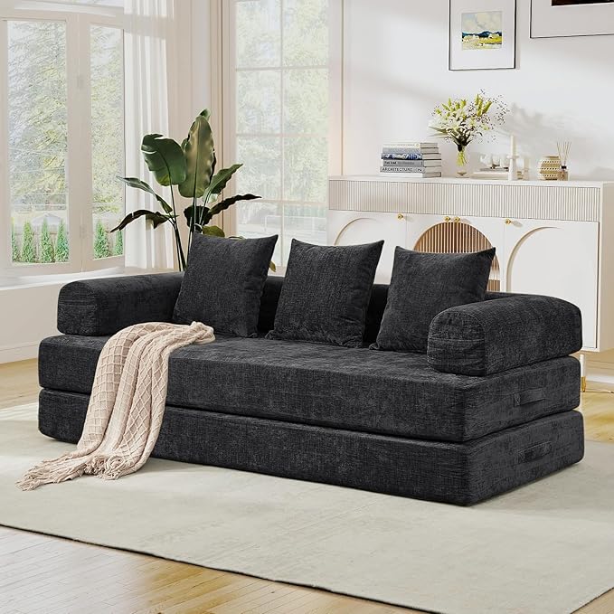 3 in 1 Convertible Futon Sofa Bed Modern King Size Chenille Loveseat Sleeper Sofa Folding 3-Seater Foldable Lounger Couch Bed for Living Room Bedroom Guest Room (Black 3 Throw Pillows)