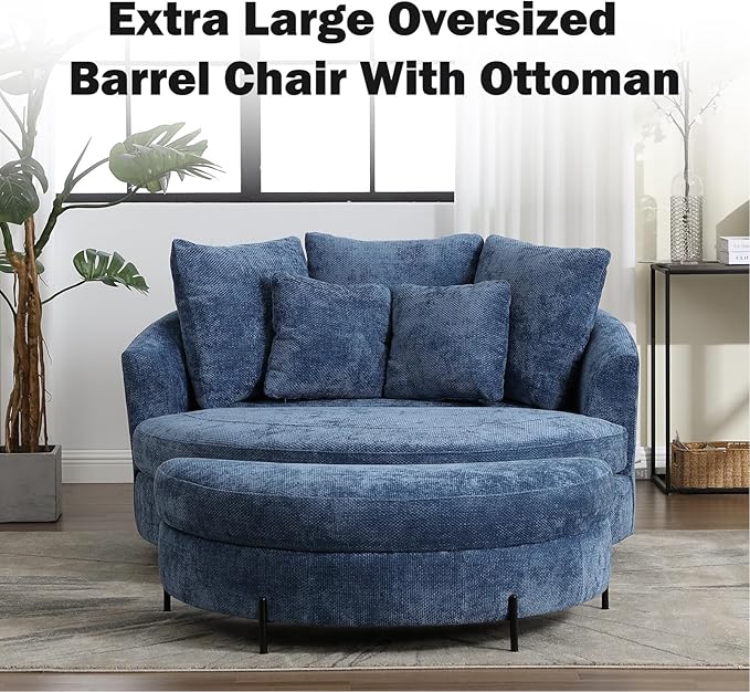 Chifee &amp Vingol 59.8 W Oversized Accent Barrel Chair Large Round Chair with Ottoman &amp Movable WheelsBlue