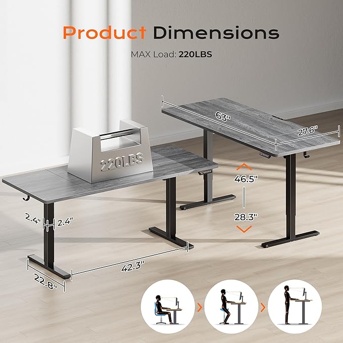 Huuger 63 x 28 Large Electric Standing Desk Height Adjustable Computer Desk 27.6 Deep Desktop Stand up Gaming Office Table with 2 Hooks 3 Preset Heights for Home Office Grey