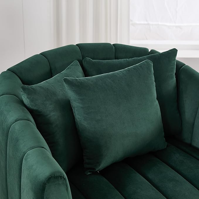 KEIKI 360 Swivel Chair Oversized - Velvet Barrel Accent Chair with Pillows Tufted Mid-Century Modern Armchair for Living Room Office Bedroom - Green Upholstery