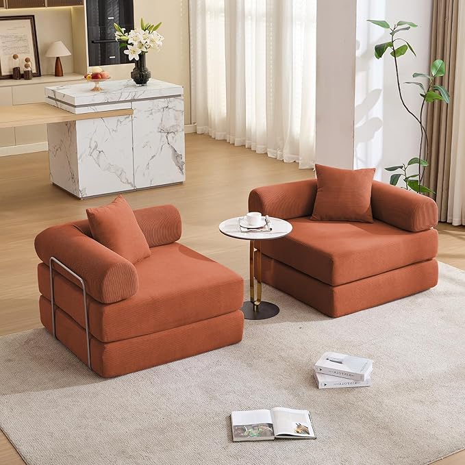 73 Convertible Modular Folding Sofa Bed 5-in-1 DIY Combination Fold Out Sleeper Sofa Bed Loveseat sleeper Couch with Removable Armrests Corduroy Floor Couch Small couches for small spaces Orange