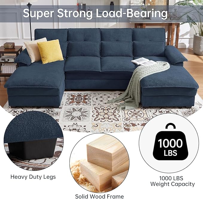 110 Sectional Couches for Living Room 4 Seat U Shaped Couch with Double Chaise Modular Cloud Sofa Removable Cover Modern Comfy Sofa for Home Furniture Office and Basement