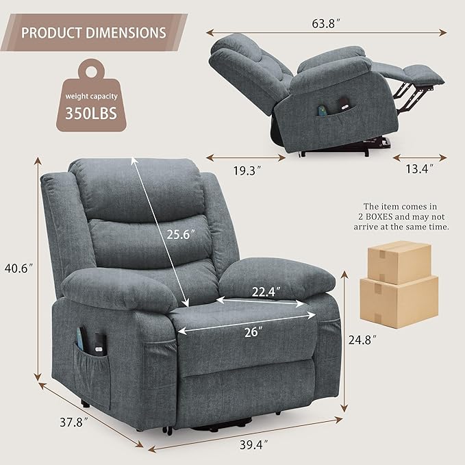 Oversized Power Lift Recliner for Elderly Electric Recliner Chairs with Massage and Heat Extra Wide Recliner with Side Pockets Reclining Chair for Living Room (Imitation Cashmere Grey)