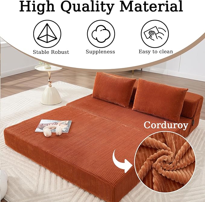 55 Convertible Folding Sofa Bed with 2 Pillows Corduroy Foldable Sleeper Sofa for Adult Floor Couch Bed for Living Room Bedroom No Assembly (Orange)