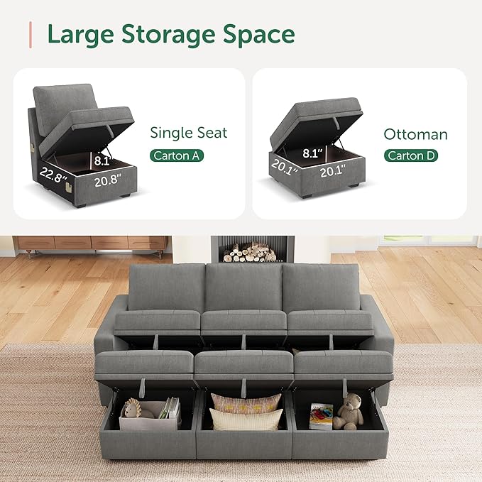 HONBAY Modular Sectional Couch Sleeper Sofa Bed with Storage Seats Oversized Sectional Couches for Living RoomWarm Grey