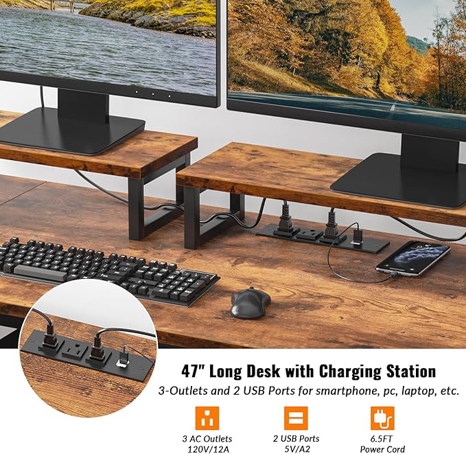 Furologee 47 Inch Computer Desk with Power Outlet Home Office Desk with Monitor Stand File Drawers Cabinet CPU Stand &amp Hooks Writing Table for Bedroom Study Work Rustic Brown (Rustic Brown)
