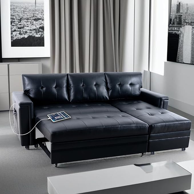 Naomi Home L-Shaped Sectional Sleeper Sofa with USB Ports - Convertible Pull-Out Bed Ample Storage Timeless Design Durable Construction Black/Air Leather