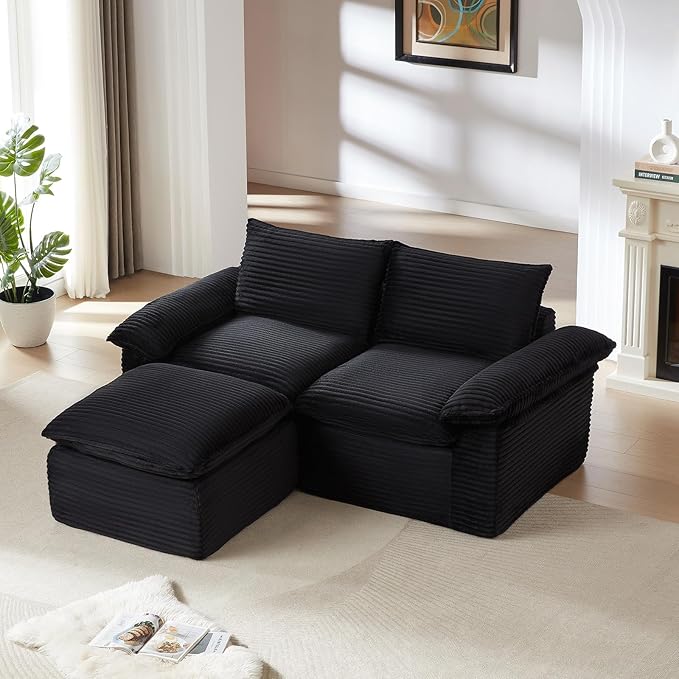 80 Cloud Sectional Couch with L-Shaped Chaise Corduroy Sectional Sofa with Ottoman Boneless Couch with Deep Seat in a Box for Living Room No Assembly Required (Black)