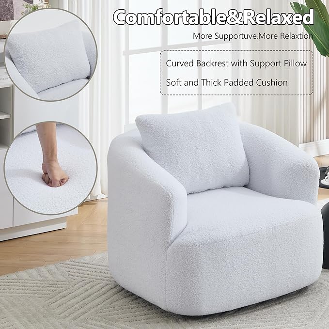 360° Rotating Round Plush Chair with Removable Pillow - High-Resilience Foam &amp Spring Support No-Assembly Teddy Velvet Armless Sofa for Living Room/Bedroom (White)