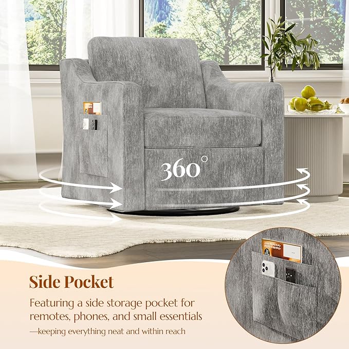 360° Swivel Accent Chair Large Comfy Reading Chairs Accent Square Single-seat Armchair Upholstered Sofa for Reading Nursery Living Room Bedroom Hotel Lounge Grey