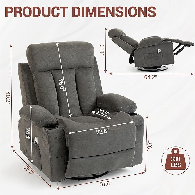 Oversized Recliner Chair for Adults w/Vibration Massage and Heating 360° Swivel Rocker Glider Recliner w/Cup Holder and USB Charge for Living Room Bedroom Grey