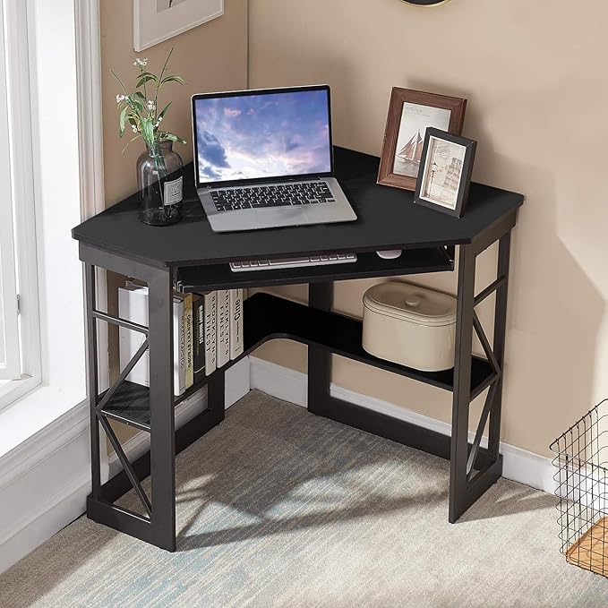VECELO Corner Desk Computer Desk Writing Table with Smooth Keyboard Tray &amp Storage ShelvesCompact Home Office Triangle TableBlack