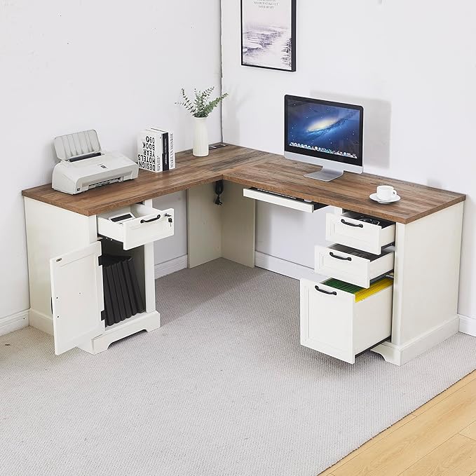 69 Farmhouse L Shaped Desk with Charging StationKeyboard TrayLockable Drawers and Storage Cabinet &amp Adjustable File CabinetWhite Corner Desk for Home Office