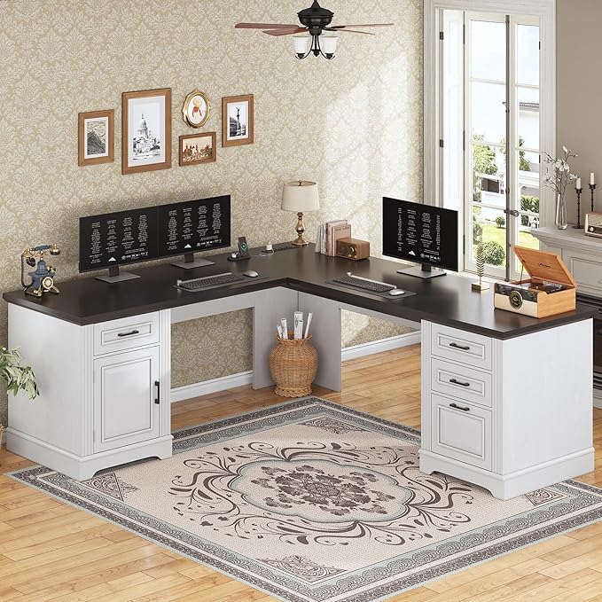 SEDETA Farmhouse 69 Executive L Shaped Desk Home Office Desk with Drawers and Storage Cabinet &amp Power Outlet Corner Computer Desk White