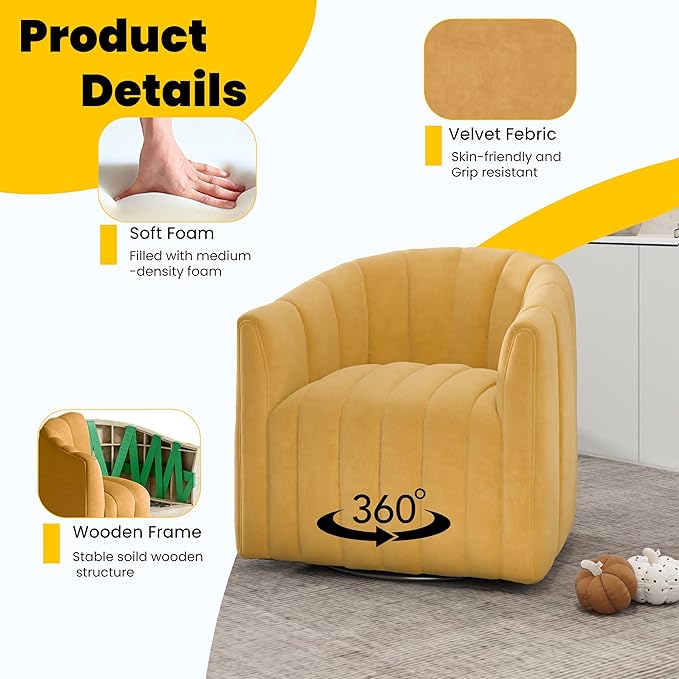 Swivel Accent Chair Velvet Barrel Arm Chair for Living Room Pumpkin Shaped Curved Chair with Metal Base for Bedroom Balcony Study Room（Yellow Set of 2）