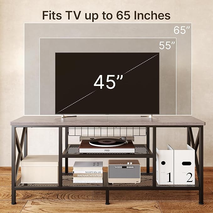 Gizoon TV Stand for 55-65 Inch TVs 3-Tier Industrial Media Entertainment Center with Open Shelves Metal Frame 59.8'' Solid Wood Table top for Living Room Bedroom Office Grey