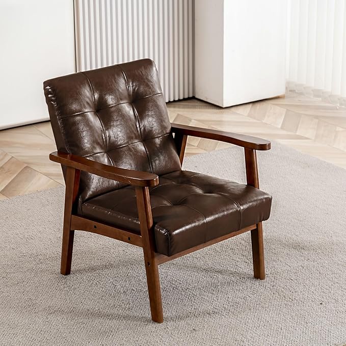 Mid Century Modern Accent Chairs for Living Room Comfy Bedroom Chairs for AdultsSmall Wide Reading Nook Arm Chair 105° Ergonomic Cozy Brown Leather Armchair with Rubber Wood