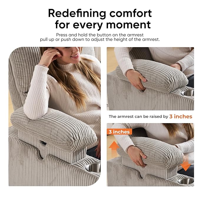 Swivel Rocker Recliner with Adjustable Armrests Rocking Nursery Chair with Adjustable Headrest Cup Holder Manual Recliner Nursing Chair for Breastfeeding Corduroy Grey