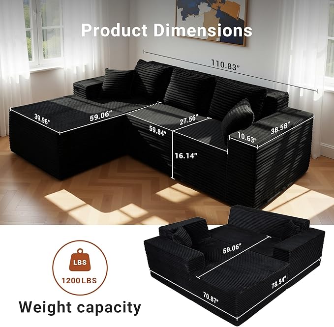 YDN 110 Boneless Couch Sofa Sectional Couches for Living Room Cloud Couch with Chaise Modular L Shaped Sofa Set Left Facing Chaise Black