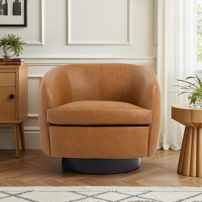 Swivel Barrel Accent Chair Comfy Modern Upholstered Round Faux Leather Reading Arm Chair for Living Room Bedroom (Light Brown Set of 2)