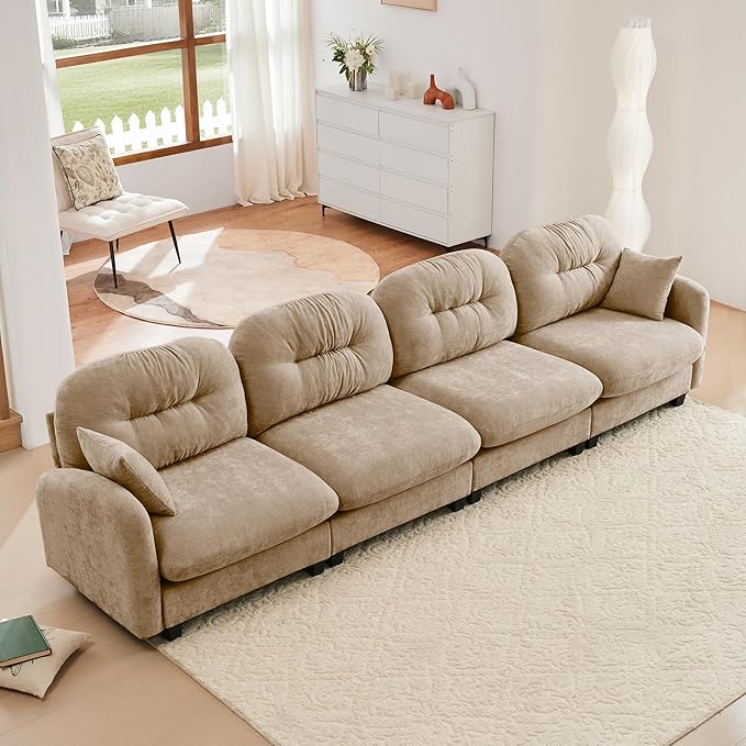 KEIKI 140 Oversized Chenille Modular Sectional Sofa with High-Density Foam Cushion and Tufted Pleated Cushion Backrest Upholstered Modern 4-Seater Cloud Couch with 2 Pillow for Living Room Camel