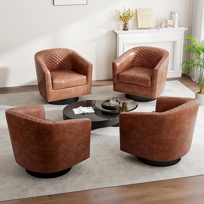 Swivel Barrel Accent Chair Set of 2 Comfy Modern Upholstered Round Faux Leather Arm Chair for Living Room Bedroom - Brown