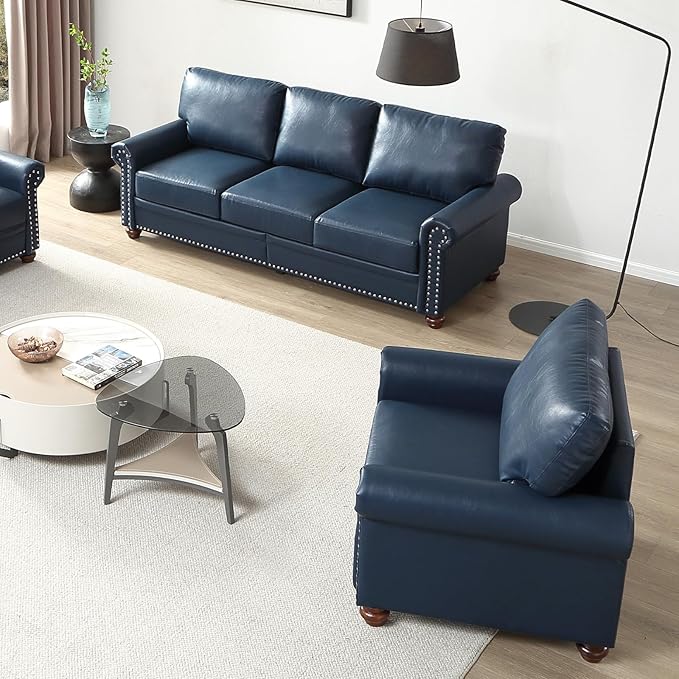 Antetek 3-Piece Comfy Upholstered Faux Leather Sofa Couch Set Mid-Century Modern Single Sofa Chair(2 Units) + 3 Seater Couch(1 Unit) with Storage Space for Living Room Furniture Set Navy Blue