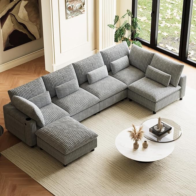 130 Oversized Cloud Couch Large Modular Sectional Sofa Modern U Shaped Sectional Couch 6 Deep Seat Sofa Set for Living Room Comfy Plush Corduroy Cloud Sofa with Ottoman USB Port Cup Holder Gray