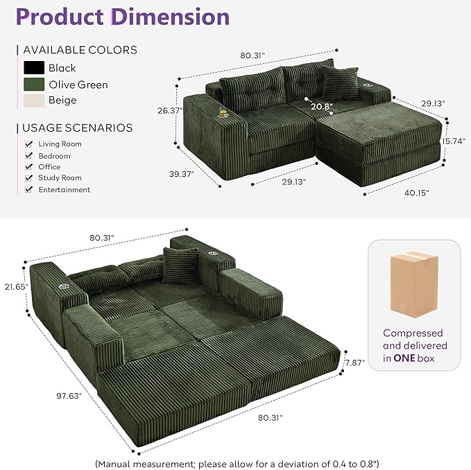 TYBOATLE Modular Cloud Sofa Loveseat with Ottoman Modern Corduroy Boneless Sectional Foam Couch with Deep Seats Convertible Sleeper Sofa Bed for Living Room No Assembly (Forest Green 2 Seat)