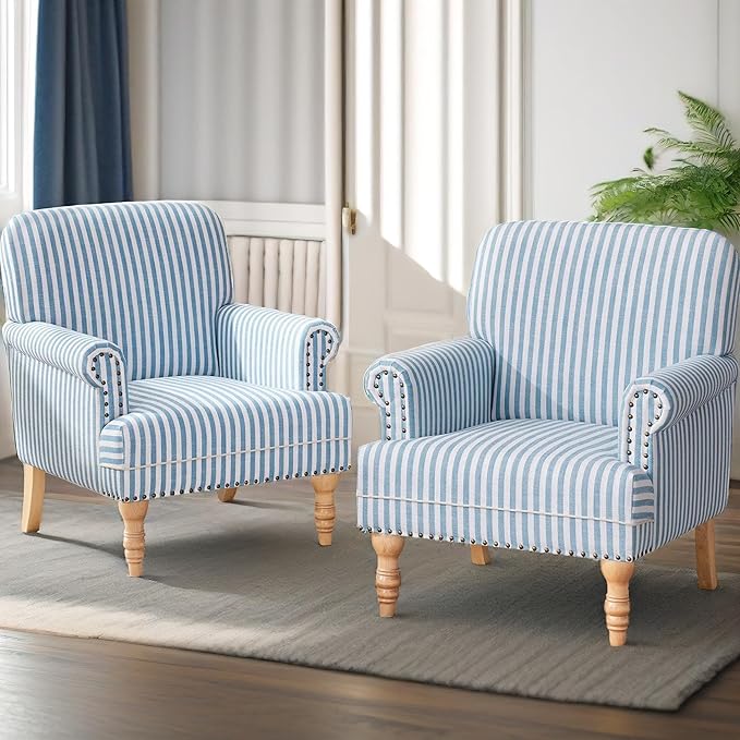HUIMO Linen Fabric Accent Chairs Set of 2 Mid-Century Modern Armchair with Solid Wood Legs Single Sofa ChairUpholstered Reading Club Chair (2 Blue and White Stripe)