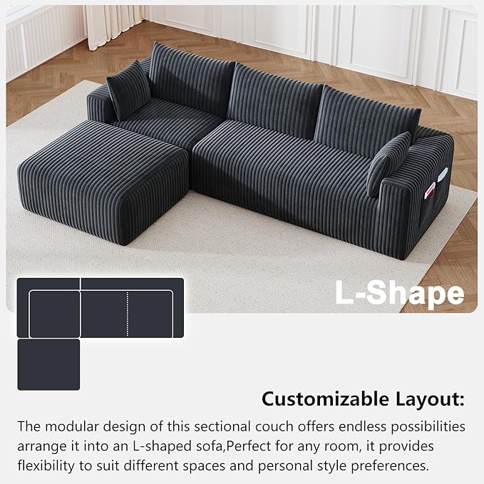 108 Boneless Couch Modular Sectional Couches for Living Room L Shaped Deep Seat Chaise with Side Pockets No Assembly Required Plush Corduroy Fabric Sleeper Sofa for Apartments Dark Grey