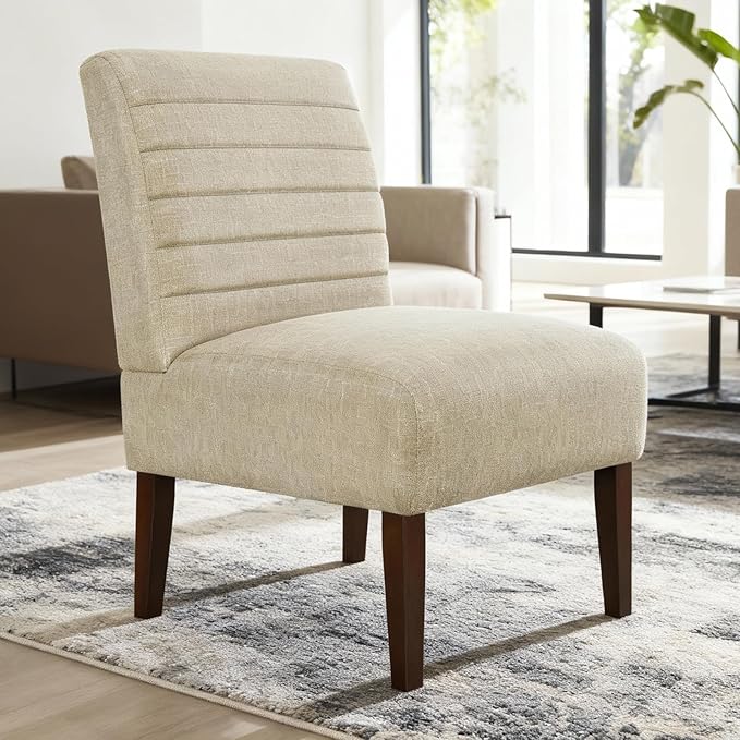Anwick Beige Modern Accent Chair Mid Century Upholstered Living Room Chair with Wood Legs Comfy Small Accent Chair with Back for Small Spaces Office Bedroom Reading Spaces (Beige)
