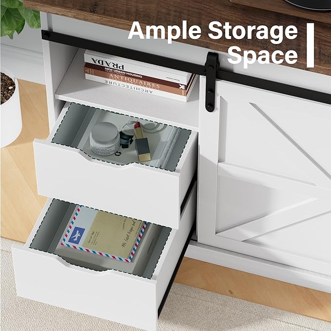 JUMMICO TV Stand with 4 Drawers for 65 Inch TV Farmhouse Entertainment Center with Storage and Sliding Barn Doors Rustic Media TV Console Cabinet with Shelves for Living Room Bedroom (Bright White)