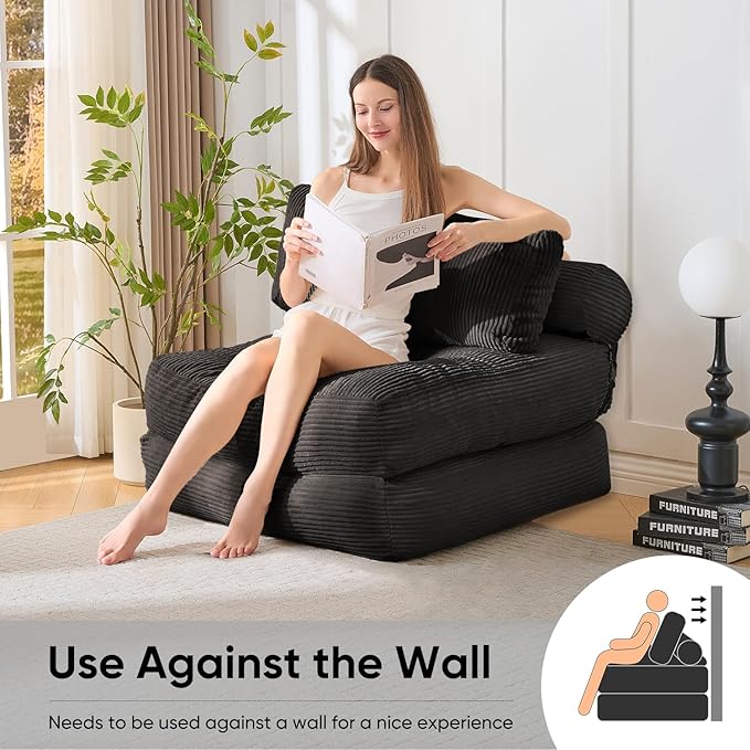 Waxberry Folding Sofa Couch Bed 36 Deep Oversized Seat Boneless Sofa Chair Corduroy Convertible Single Sleeper Chair Couch Bed for Living Room Portable Fold Out Chair Bed With Back Support (Black)