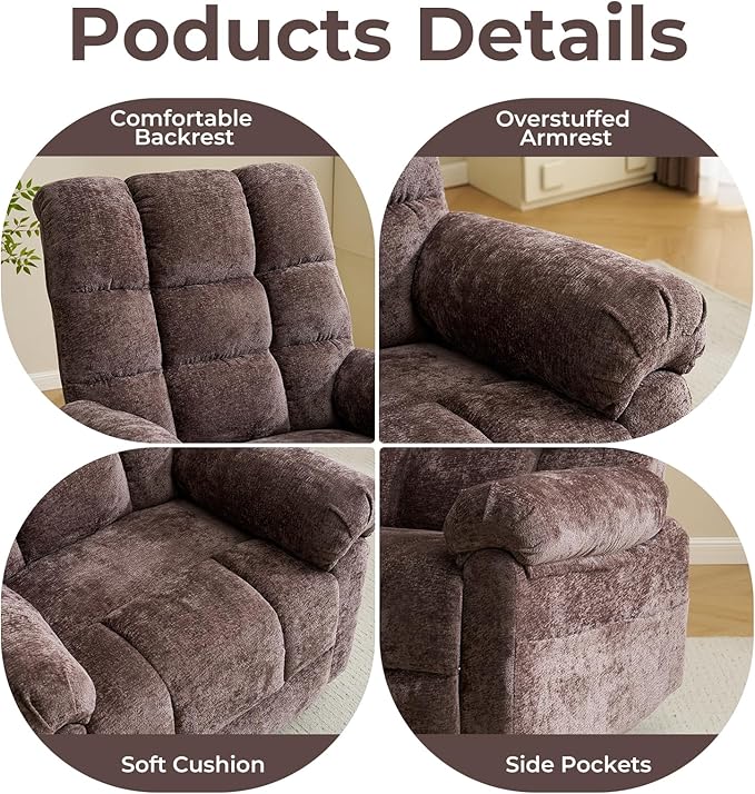 Oversized Swivel Rocker Recliner with Heat and Massage Overstuffed Swivel Rocking Chair for Living RoomManual Rocker ReclinerComfy Soft Fabric Recliner Sofa ChairCoffee