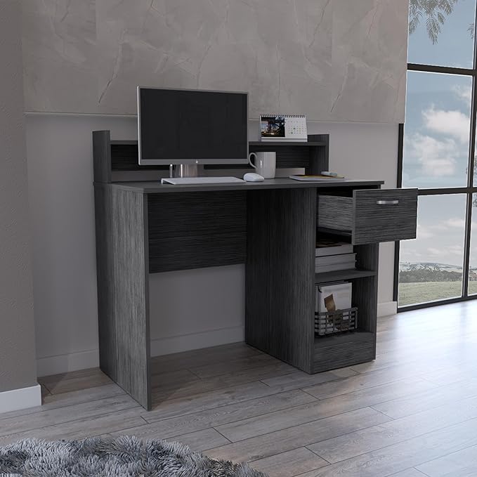 Home Office Desk Computer Desk Delmar with Open Storage Shelves and Single Drawer Smokey Oak Finish