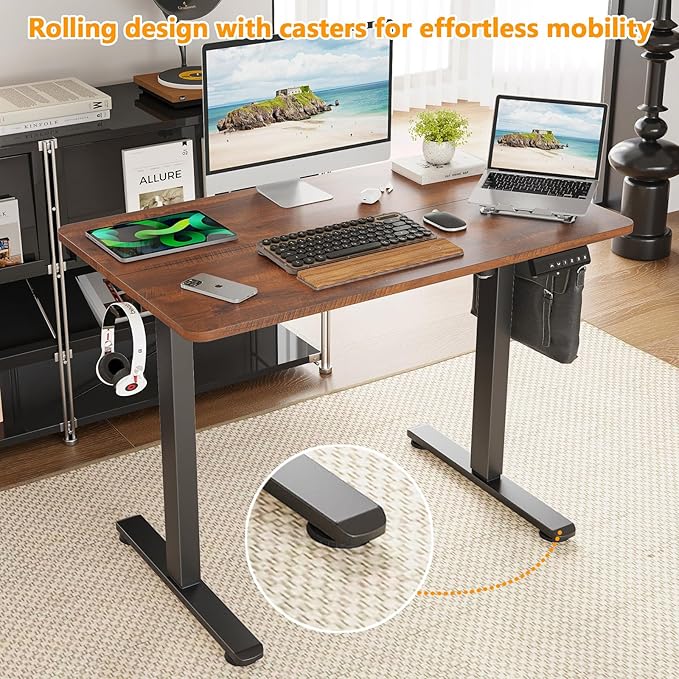 40x24 Inches Electric Standing Desk Adjustable Height Wooden Sit Stand Desk Electric Capacity 300lbs Sit to Stand up Standing Computer Desk with Hooks for Home Office (Reddish Brown 40x24 Inches)