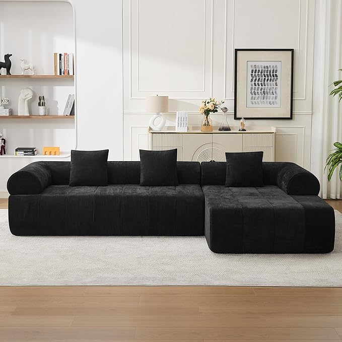 119'' Boneless Curved Sectional Couch Cloud Deep Seat L Shaped Sofa with Right Chaise LoungeModular Compression Couch for Living Room No AssemblyBlack
