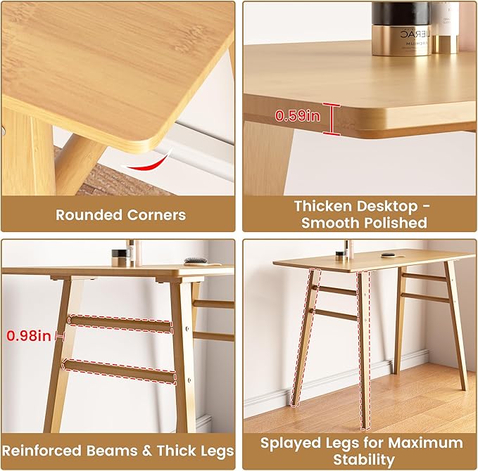100% Solid Wood Writing Desk - 39 x 20 Inch Bamboo Home Office Computer Desks Simple Desk for Small Spaces Modern Study Table - Natural Boho Desks